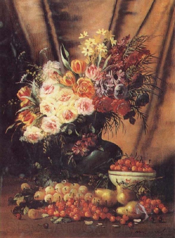 Modeste Carlier A Still life with Assorted Flowers,Cherries Pears and Quince France oil painting art